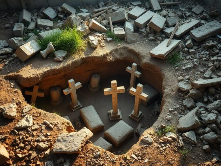 Flick International Archaeological discovery of an Ancient Christian tomb complex in Syria's Idlib province, showcasing weathered stone crosses and remnants of ancient pottery.