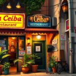 Flick International Exterior view of La Ceiba Restaurant with vibrant signage and outdoor patio reflecting Salvadoran heritage