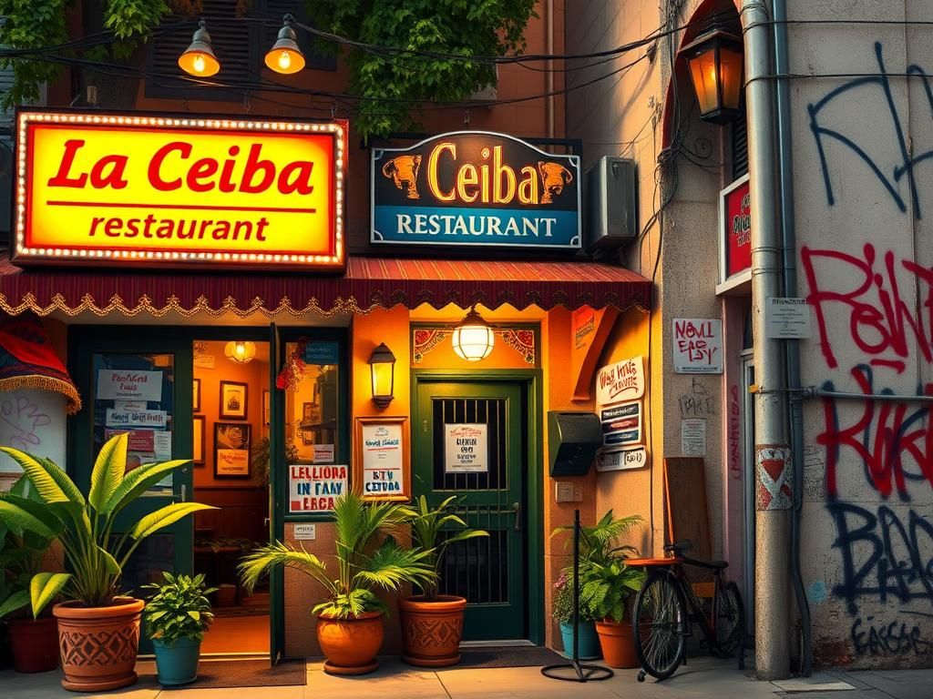Flick International Exterior view of La Ceiba Restaurant with vibrant signage and outdoor patio reflecting Salvadoran heritage