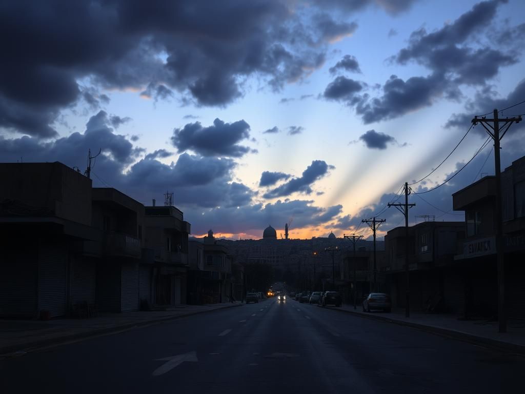 Flick International Desolate cityscape at dusk in Jerusalem, reflecting tension and chaos amidst conflict.