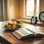 Flick International A serene kitchen with fresh fruits and an open Bible symbolizing health and faith