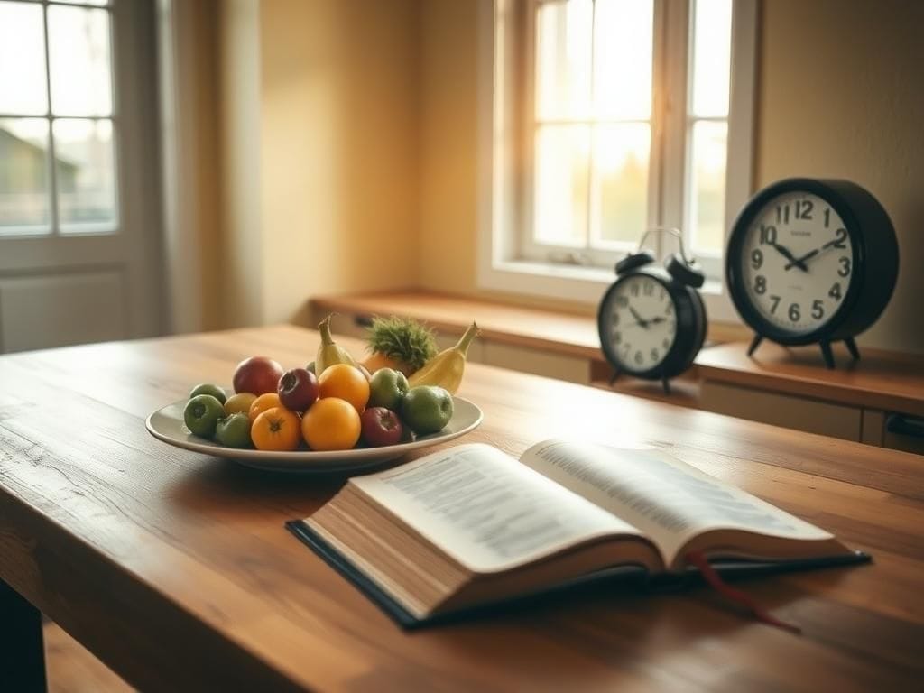 Flick International A serene kitchen with fresh fruits and an open Bible symbolizing health and faith