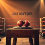 Flick International Boxing gloves resting on a worn stool in a softly lit boxing ring