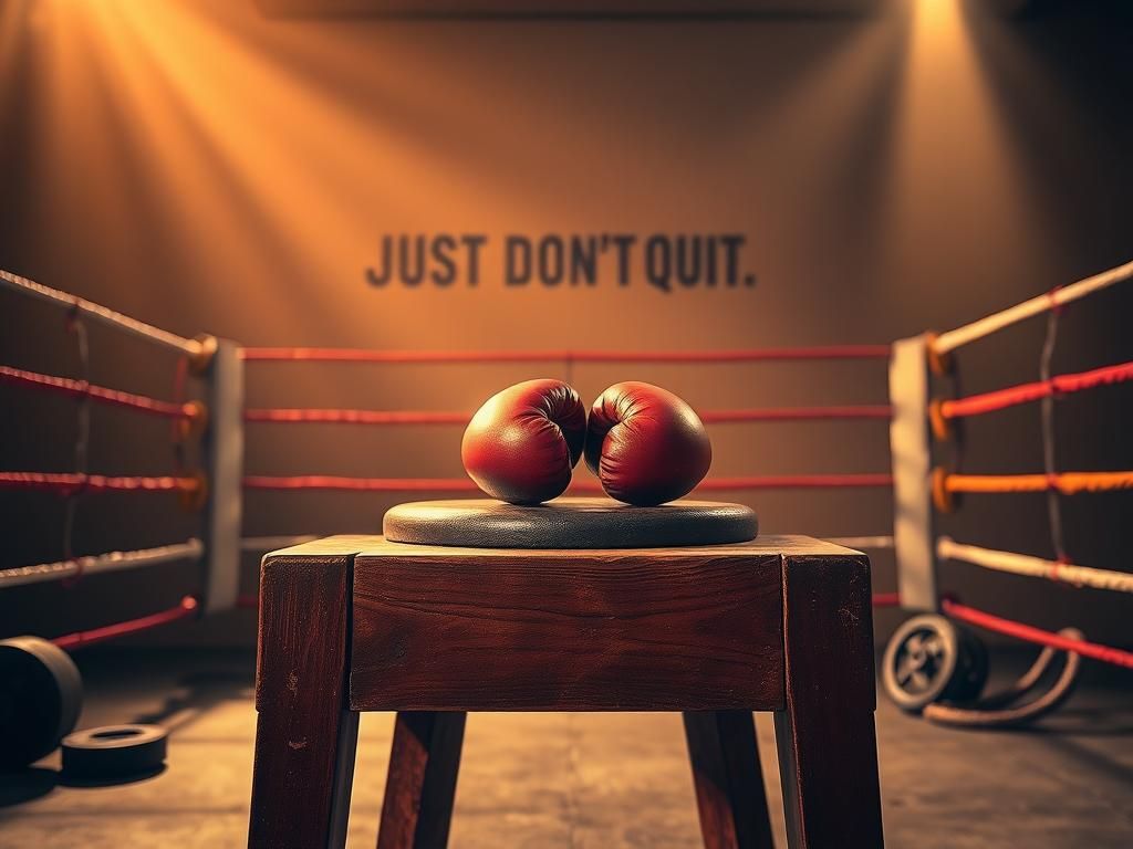 Flick International Boxing gloves resting on a worn stool in a softly lit boxing ring