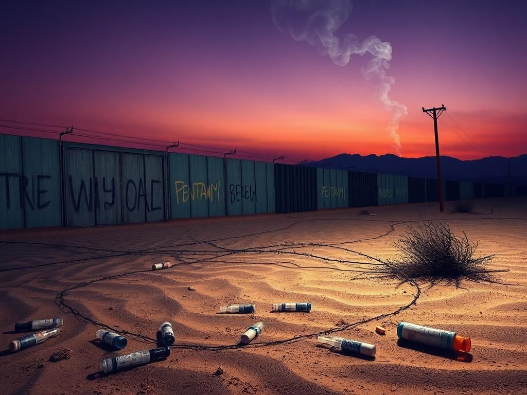 Flick International Surreal depiction of a cracked border wall symbolizing fentanyl trafficking decline