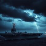 Flick International U.S. military aircraft carrier amidst a stormy landscape symbolizing military strength