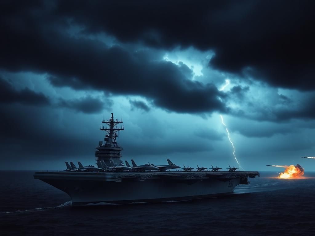 Flick International U.S. military aircraft carrier amidst a stormy landscape symbolizing military strength