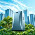 Flick International sleek, compact machine converting air and water into gasoline in an urban setting