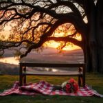 Flick International A serene landscape depicting a rustic wooden bench under an oak tree with warm fairy lights