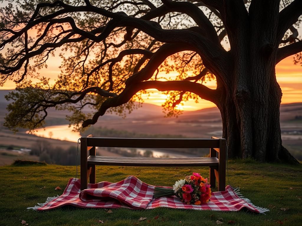 Flick International A serene landscape depicting a rustic wooden bench under an oak tree with warm fairy lights