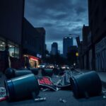 Flick International A dimly lit urban street scene in Los Angeles showing signs of recent protests