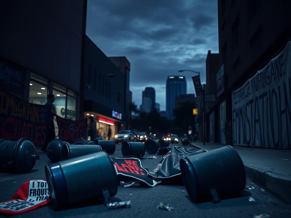 Flick International A dimly lit urban street scene in Los Angeles showing signs of recent protests