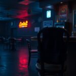 Flick International A dimly lit bar scene depicting a bulletproof vest on a chair, symbolizing the vulnerability of veterans