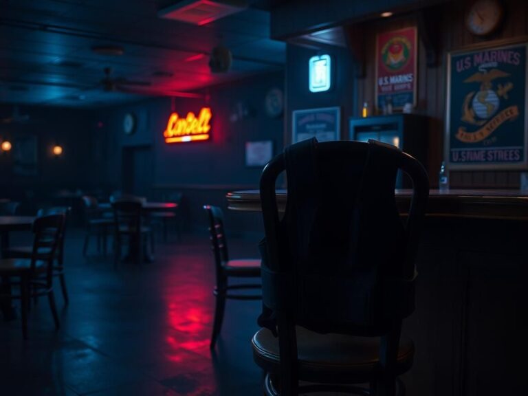 Flick International A dimly lit bar scene depicting a bulletproof vest on a chair, symbolizing the vulnerability of veterans