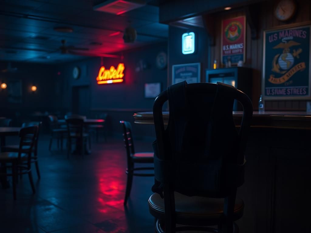 Flick International A dimly lit bar scene depicting a bulletproof vest on a chair, symbolizing the vulnerability of veterans