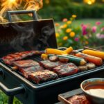 Flick International A rustic charcoal grill surrounded by colorful summer flowers in a lush green backyard.
