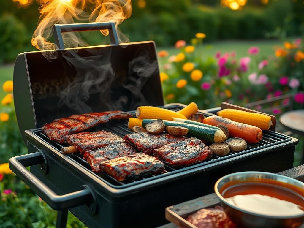 Flick International A rustic charcoal grill surrounded by colorful summer flowers in a lush green backyard.