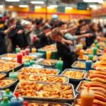 Flick International Bustling Costco food court scene with vibrant food items and busy atmosphere