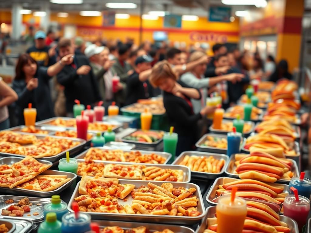 Flick International Bustling Costco food court scene with vibrant food items and busy atmosphere