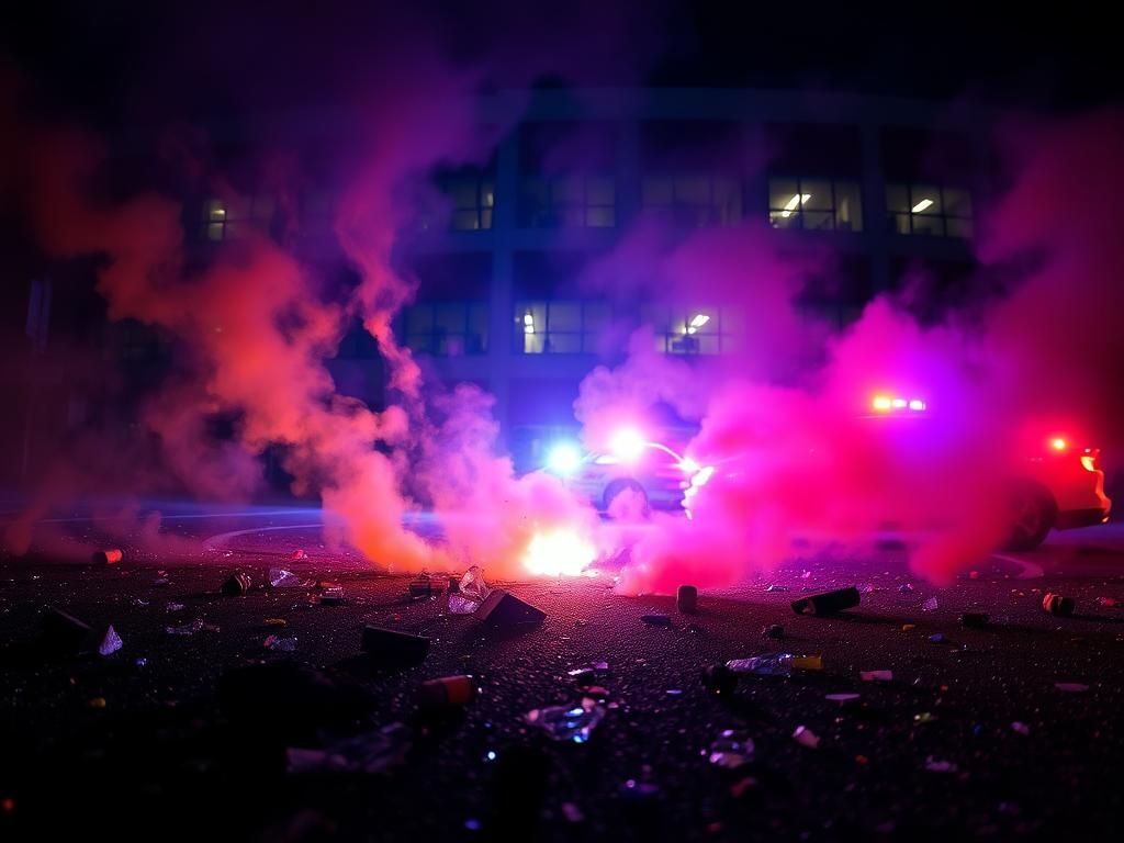 Flick International Scene of chaos and unrest outside an ICE building in Portland, showcasing shattered glass and smoke