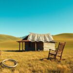 Flick International Nostalgic prairie landscape with a rustic wooden cabin and vintage lace curtains