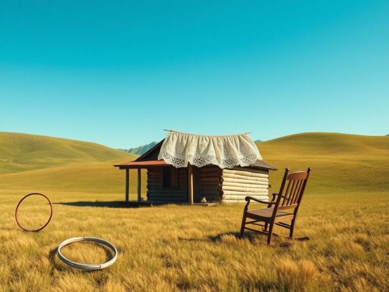 Flick International Nostalgic prairie landscape with a rustic wooden cabin and vintage lace curtains