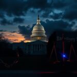 Flick International Dramatic scene of the U.S. Capitol building at dusk with storm clouds