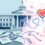 Flick International A layered illustration depicting a government building contrasted with healthcare symbols representing the debate on transgender care funding.