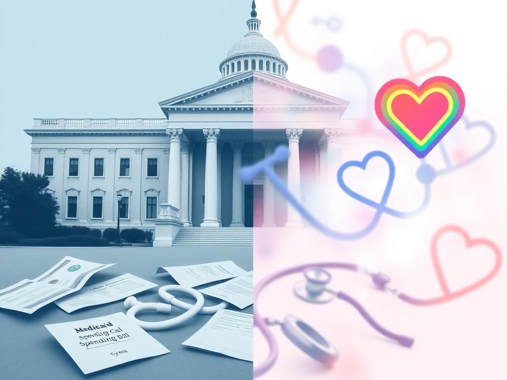 Flick International A layered illustration depicting a government building contrasted with healthcare symbols representing the debate on transgender care funding.