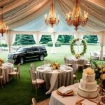 Flick International Elegant wedding setup at a lavish Hamptons estate with floral arrangements and luxurious table settings