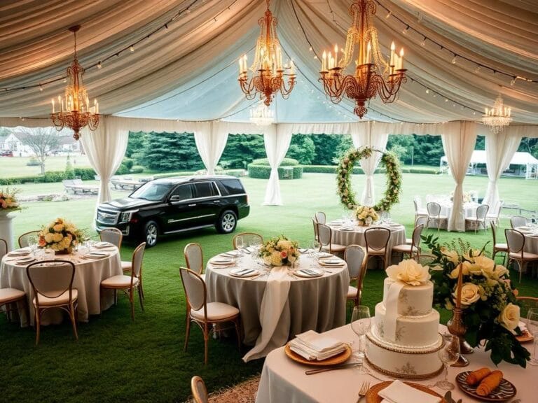 Flick International Elegant wedding setup at a lavish Hamptons estate with floral arrangements and luxurious table settings