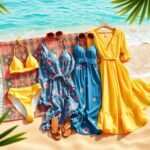 Flick International A vibrant summer beach scene showcasing women's fashionable swimsuits and sundresses on golden sand