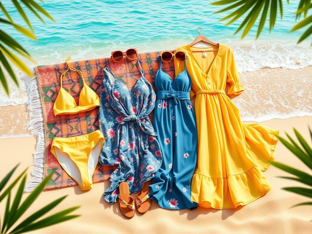Flick International A vibrant summer beach scene showcasing women's fashionable swimsuits and sundresses on golden sand