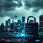 Flick International Abstract representation of a digital landscape during a healthcare data breach with an open lock and floating data blocks