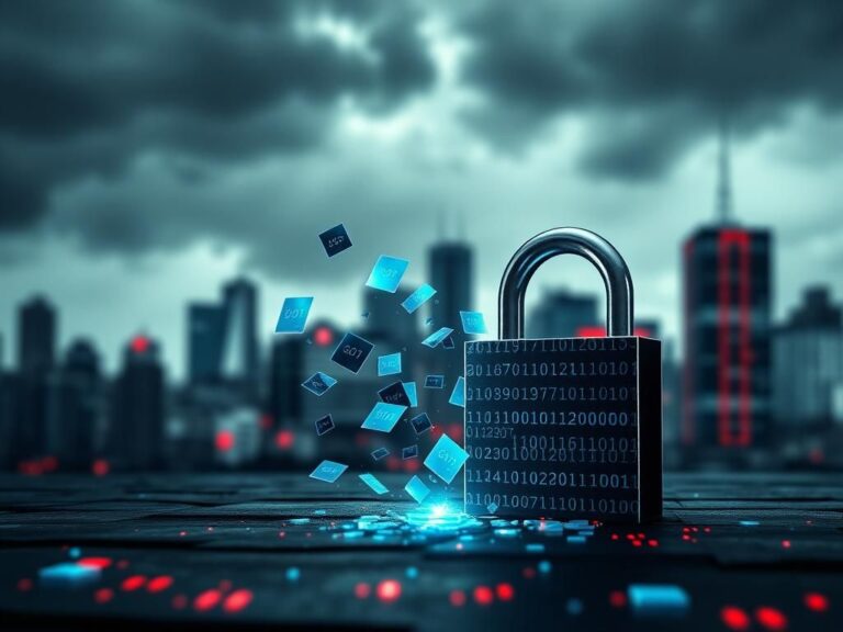 Flick International Abstract representation of a digital landscape during a healthcare data breach with an open lock and floating data blocks