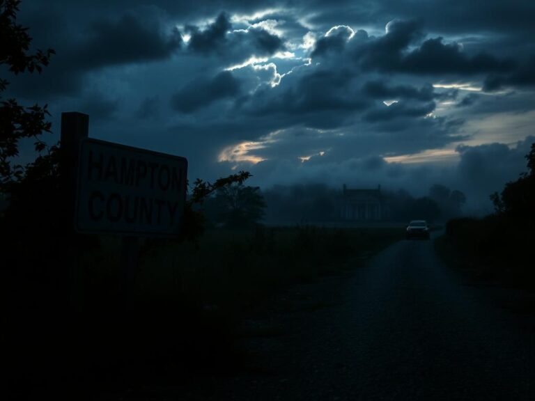 Flick International Dark, moody scene on a gravel road in Hampton County, South Carolina, highlighting tension and mystery.