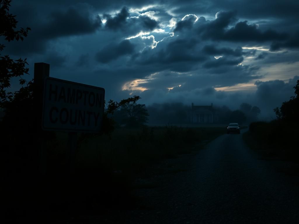 Flick International Dark, moody scene on a gravel road in Hampton County, South Carolina, highlighting tension and mystery.