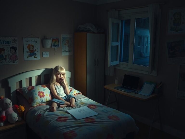 Flick International Dimly lit child's bedroom with colorful bedding and a blonde wig, symbolizing the themes of online safety and vulnerability.