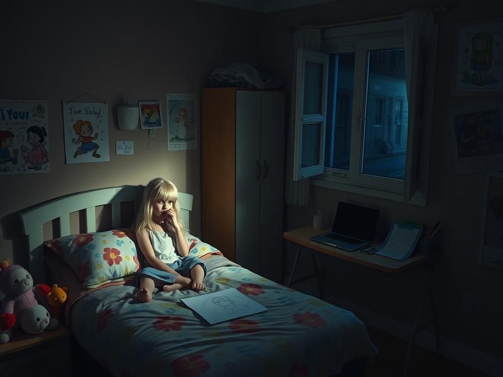 Flick International Dimly lit child's bedroom with colorful bedding and a blonde wig, symbolizing the themes of online safety and vulnerability.