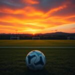 Flick International Empty soccer pitch under a vibrant sunset sky with iconic goals casting long shadows