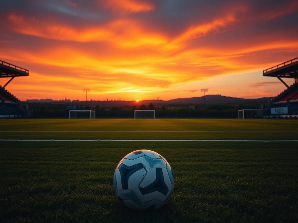Flick International Empty soccer pitch under a vibrant sunset sky with iconic goals casting long shadows