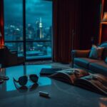 Flick International A luxurious hotel room with unsettling shadows and scattered luxury items, symbolizing wealth and danger