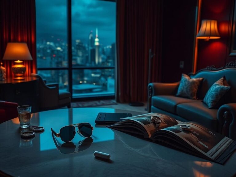 Flick International A luxurious hotel room with unsettling shadows and scattered luxury items, symbolizing wealth and danger