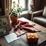 Flick International Elegant Hermès scarf elegantly folded on a rustic wooden table with sentimental objects in a cozy living room