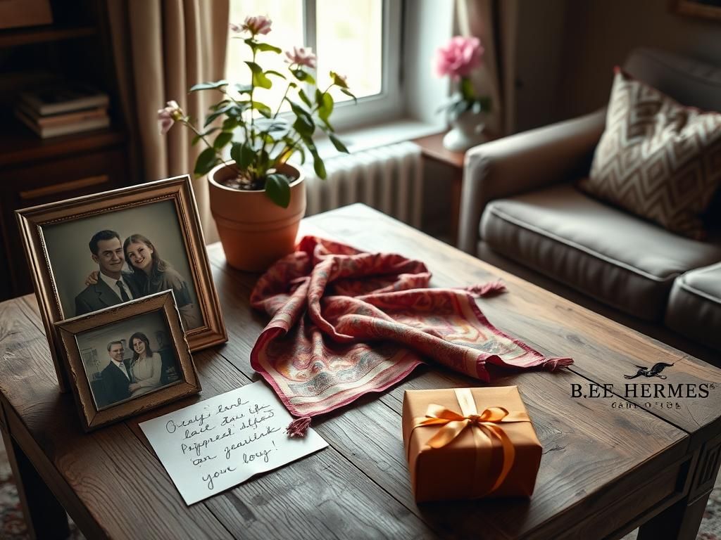 Flick International Elegant Hermès scarf elegantly folded on a rustic wooden table with sentimental objects in a cozy living room