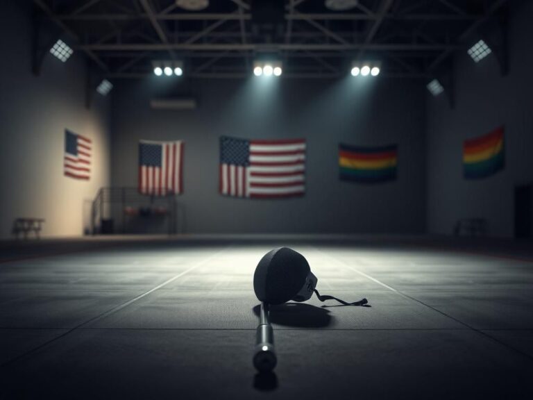 Flick International An empty fencing arena with a fencing mask and foil positioned at the center of the piste, symbolizing tension in sports inclusion debates.