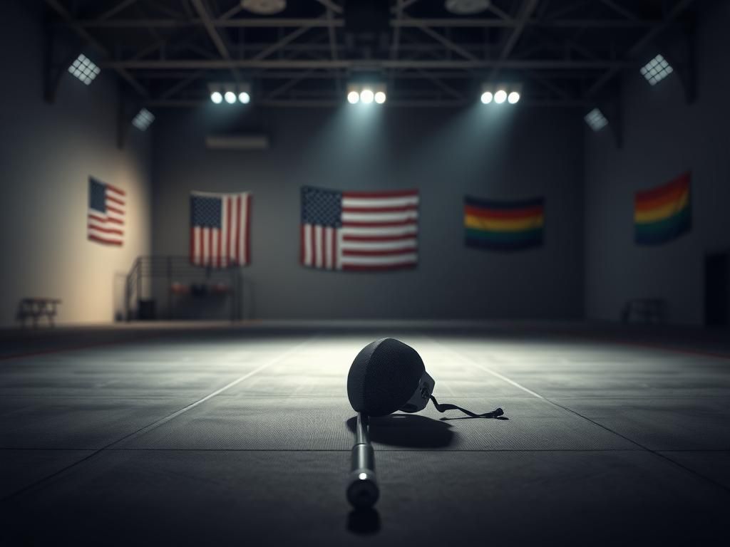 Flick International An empty fencing arena with a fencing mask and foil positioned at the center of the piste, symbolizing tension in sports inclusion debates.