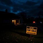 Flick International Somber scene of a suburban home at dusk with police tape marking the perimeter