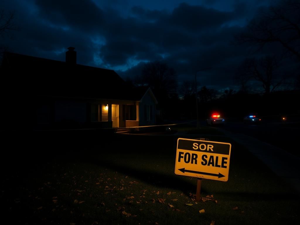 Flick International Somber scene of a suburban home at dusk with police tape marking the perimeter