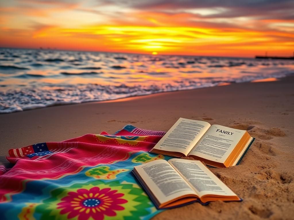 Flick International A serene beach scene at sunset with a colorful towel and a buried book symbolizing family warmth and resilience.
